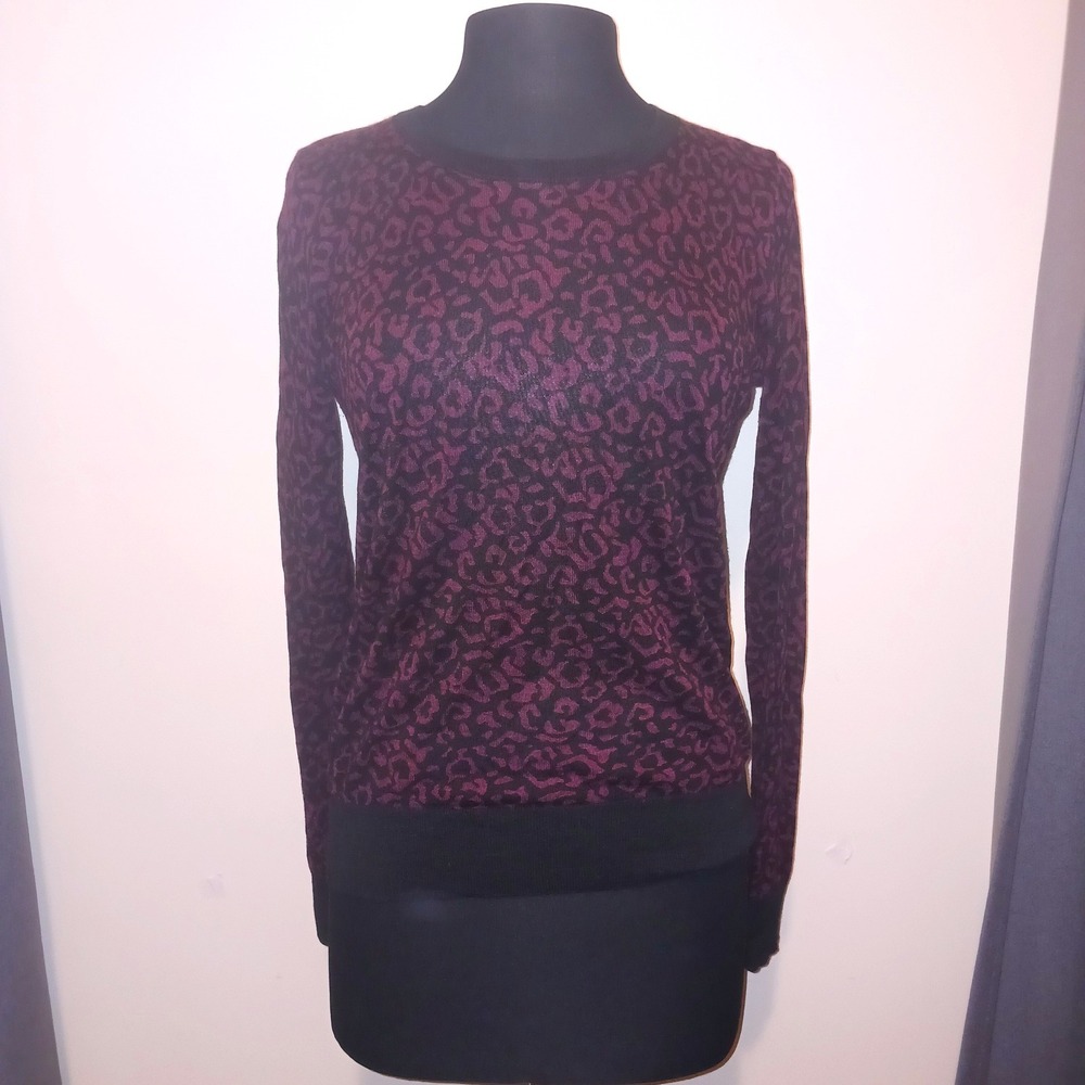 Loft Purple Black Leopard Print sheer Knit Sweater Back Zipper Crew Neck Top M